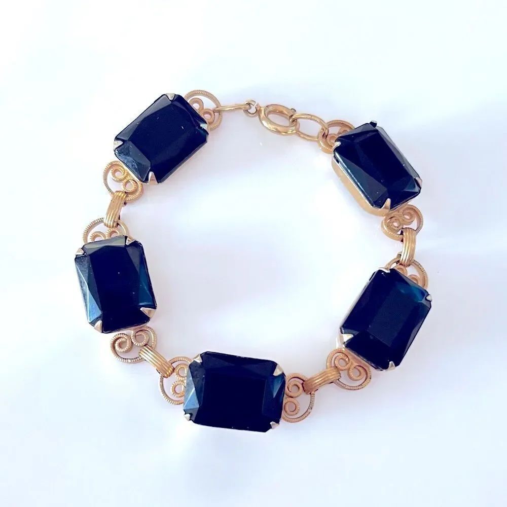 Jet Black Faux Crystal Gold Link Bracelet